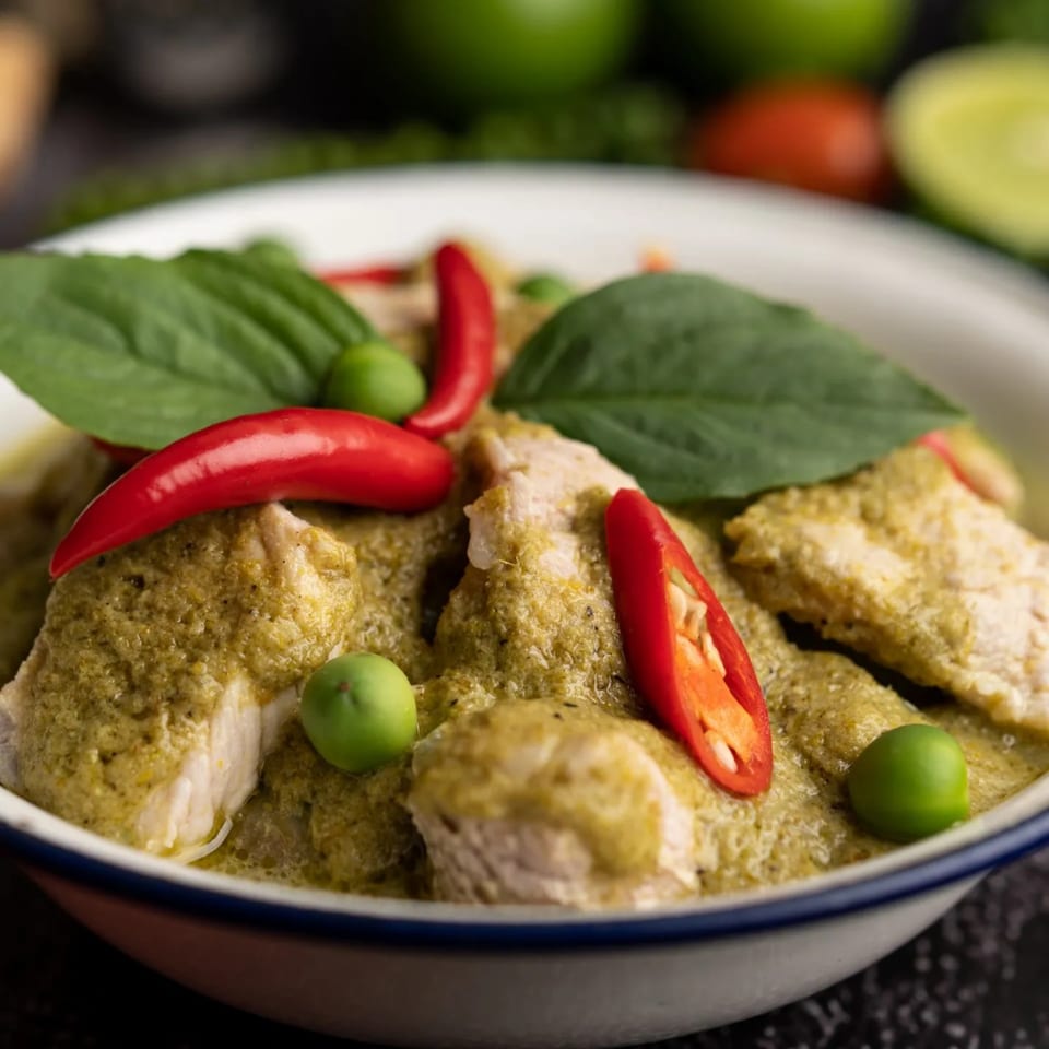 Chang Noi Thai green curry with chicken, red chilies, and basil in a white bowl.