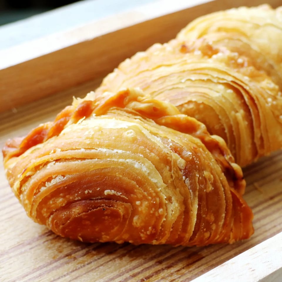 Close-up of two golden-brown Thai curry puffs with flaky pastry on a wooden tray.
