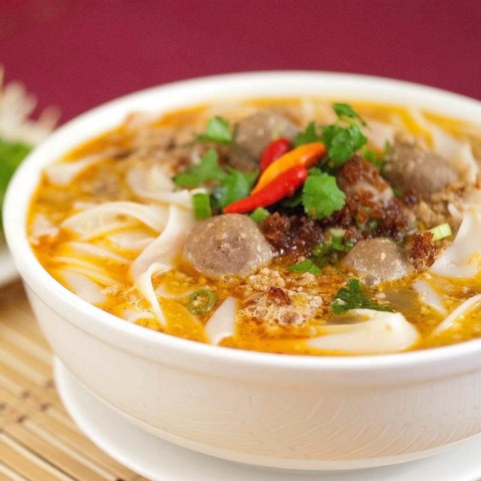 Close-up of a bowl of Chang Noi Thai noodle soup with meatballs, chili, and cilantro.